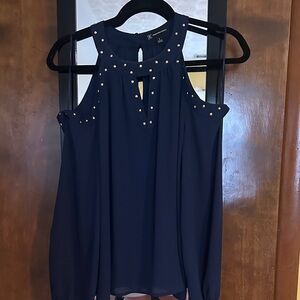 INC International Concepts Navy Cold-Shoulder Studded Halter Blouse